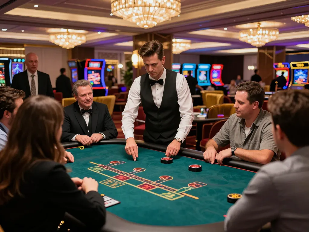 Players strategizing at a BK8 blackjack table in an upscale casino, showcasing excitement and competitive energy.