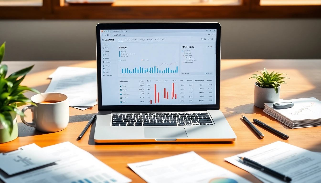 Analyze your website's performance with SEO Rank Tracker on a digital marketing workstation.