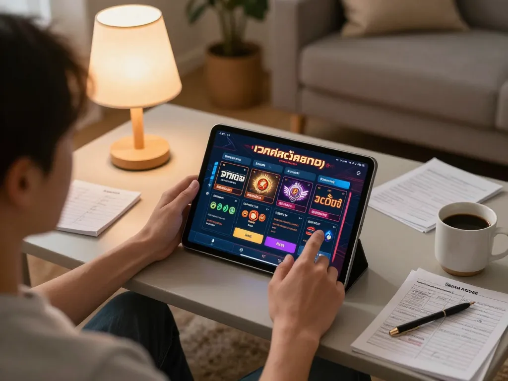 Engaging with various เว็บสล็อต options on a tablet in a cozy living room.