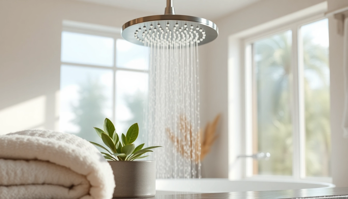 Experience elegant showers Australia with a modern rain showerhead set in a minimalist bathroom.