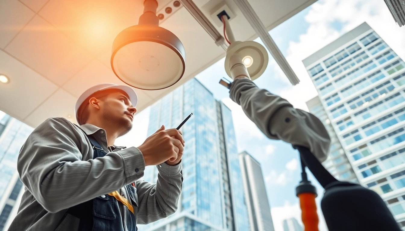 Expert performing lighting maintenance on a modern building, ensuring optimal efficiency.