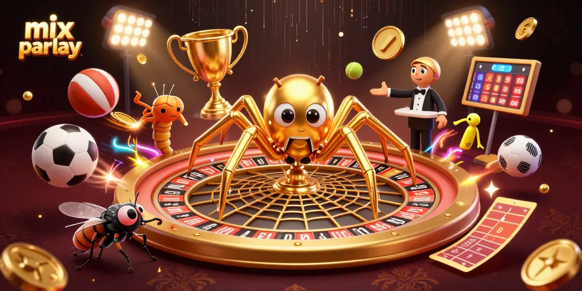 Engage in mix parlay betting with a dynamic scene of sports elements, a spider, and excitement.