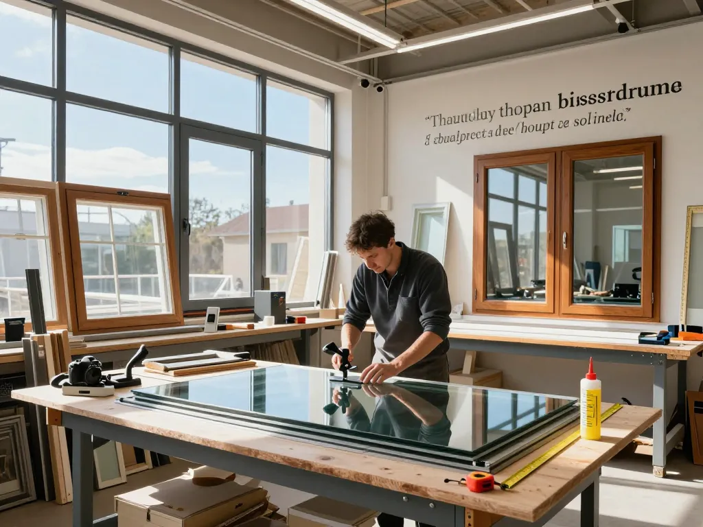 Herstellung hochwertiger Fensterbau-Produkte in einer modernen Werkstatt mit qualifiziertem Hersteller und heller Umgebung.