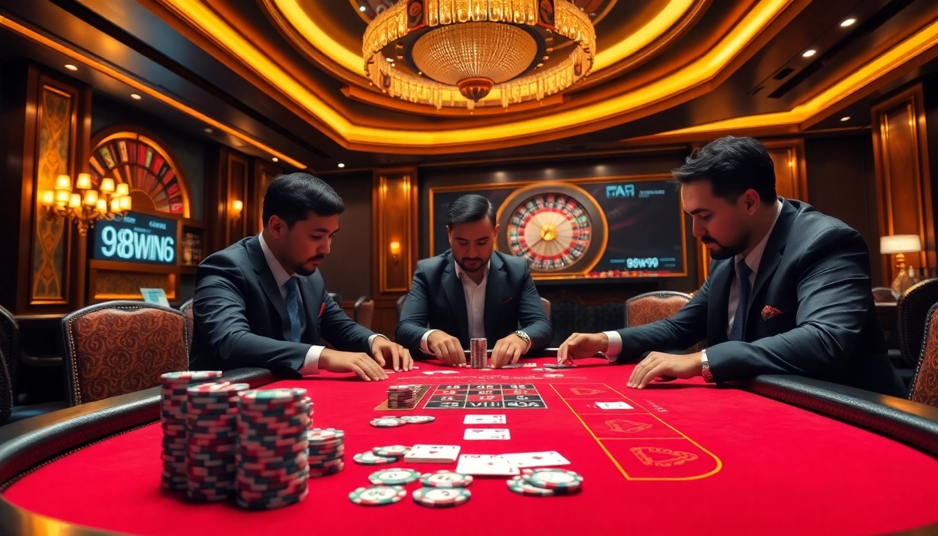 Vibrant poker table with players enjoying a game highlighted by 98win98 chips and excitement.