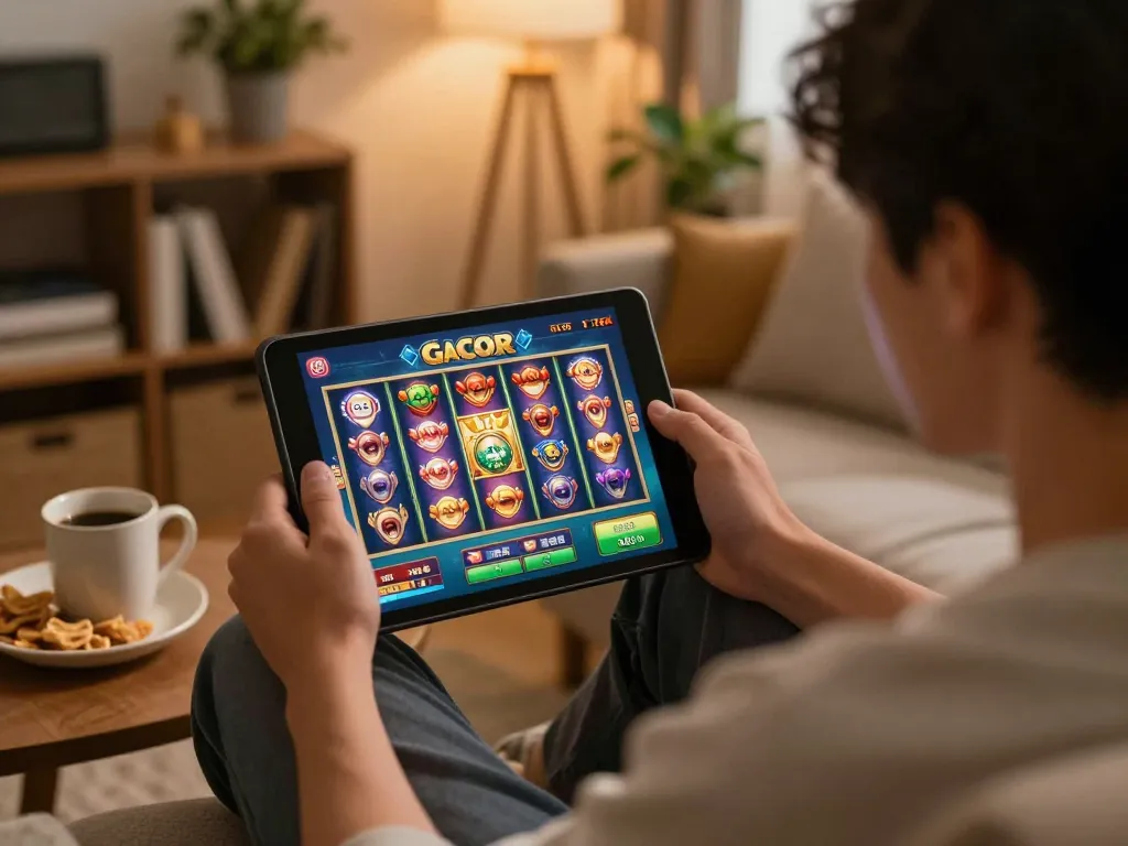 Player enjoying an online gaming session with vibrant slot gacor game interface displayed on tablet