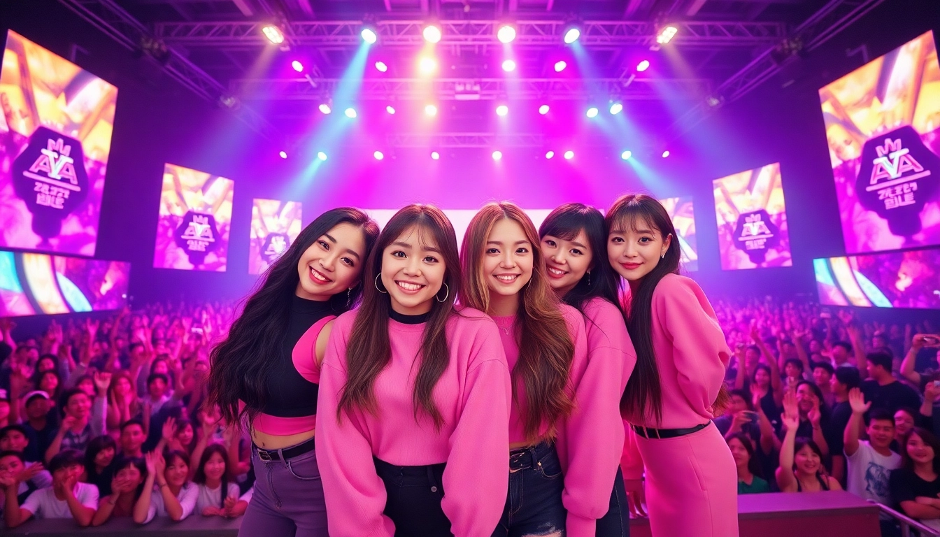 Blackpink members Jisoo, Jennie, Rosé, and Lisa performing in a vibrant concert setting.