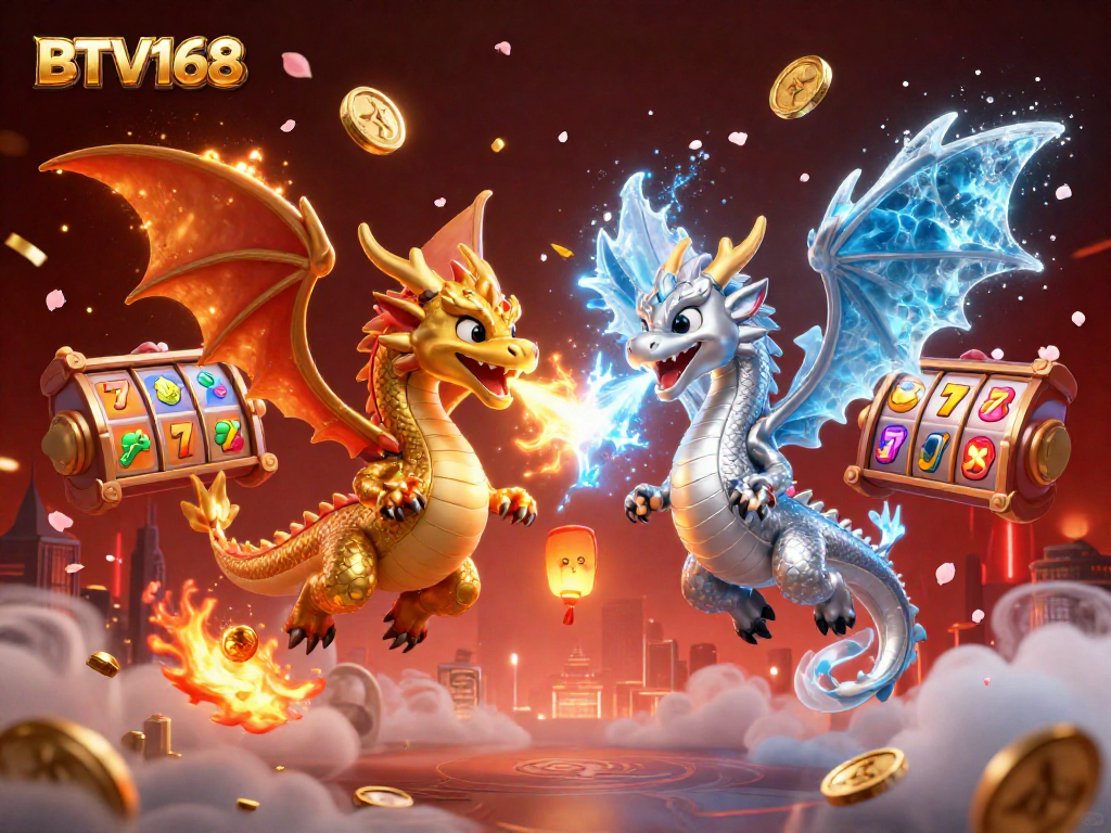 BTV168 features a captivating 3D scene with golden and silver dragons amidst slot reels and fireworks