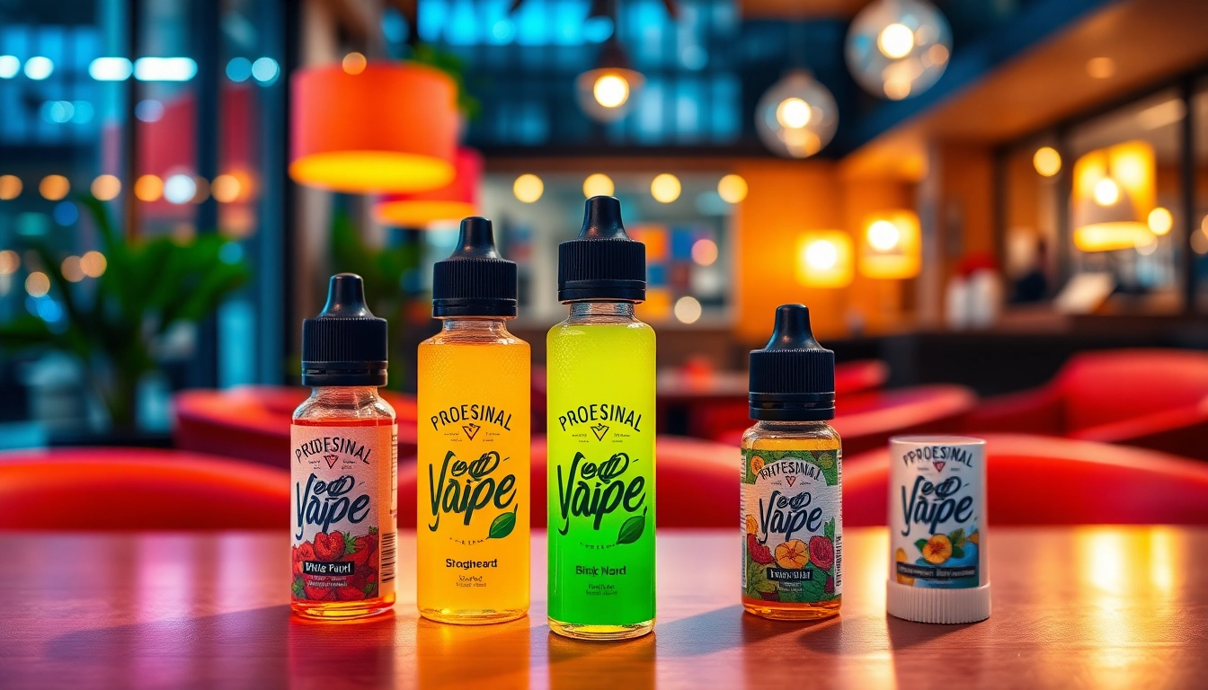 Showcase of colorful vape juice bottles in a stylish urban lounge setting, emphasizing vibrant flavors.