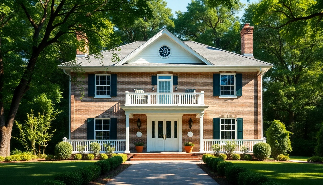 Beautiful colonial home build surrounded by lush gardens showcasing classic architecture.