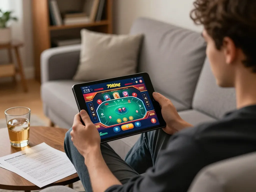 Player engaging in online casino action at 79king using a tablet in a cozy living room