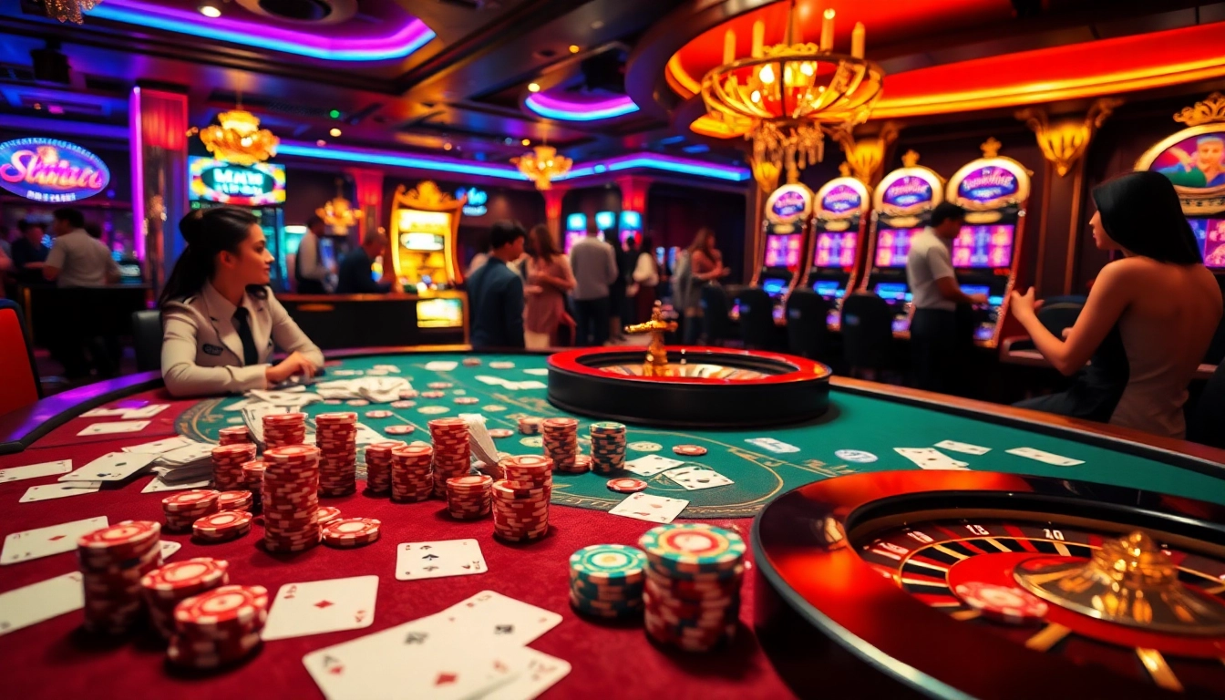 Rasakan sensasi OBRALTOTO dengan suasana kasino yang hidup, penjudi yang energik, chip poker, dan mesin slot yang menyala.