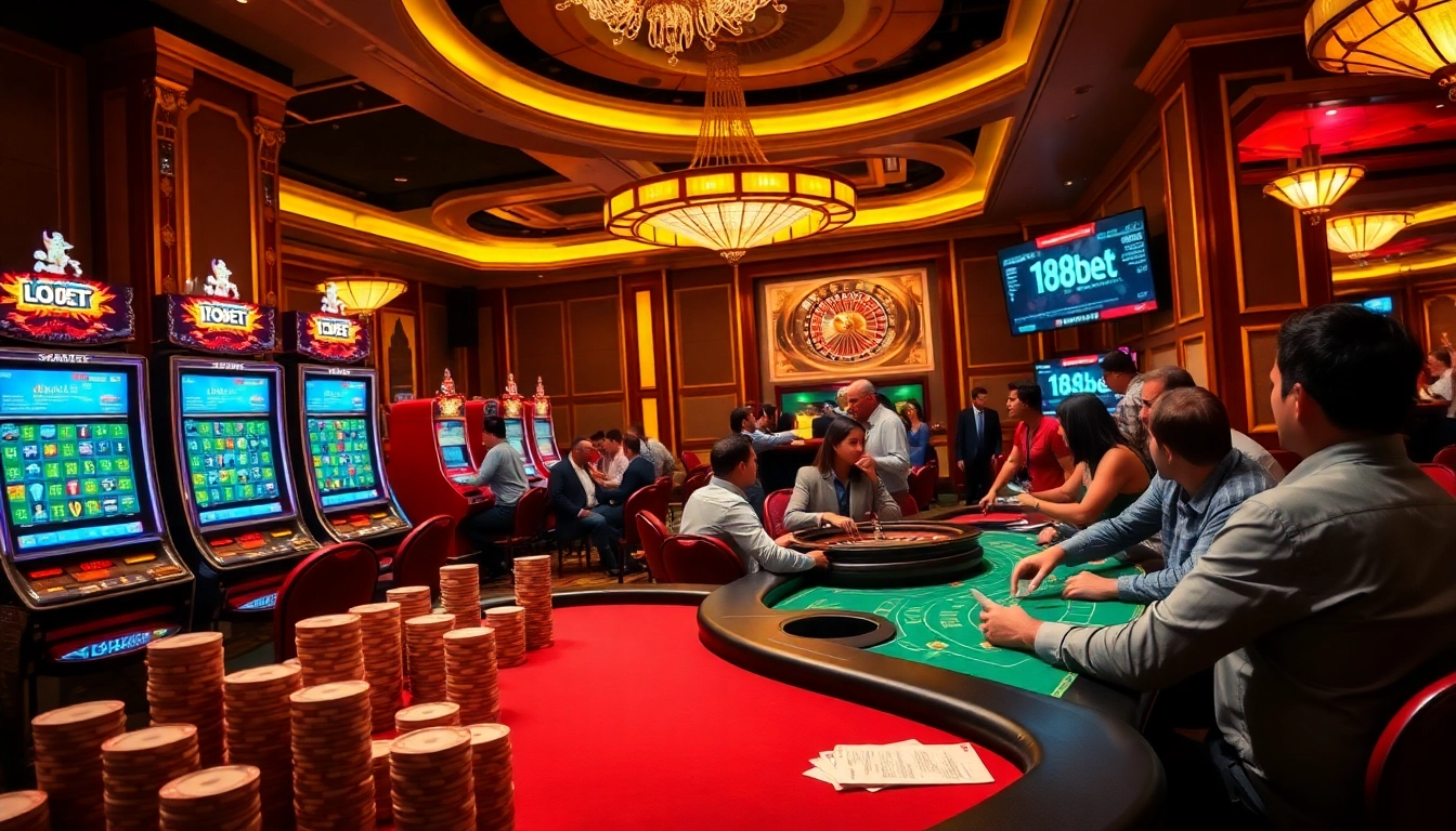 Experience the excitement of playing poker at 188bet with enthusiastic gamblers and vibrant casino decor.