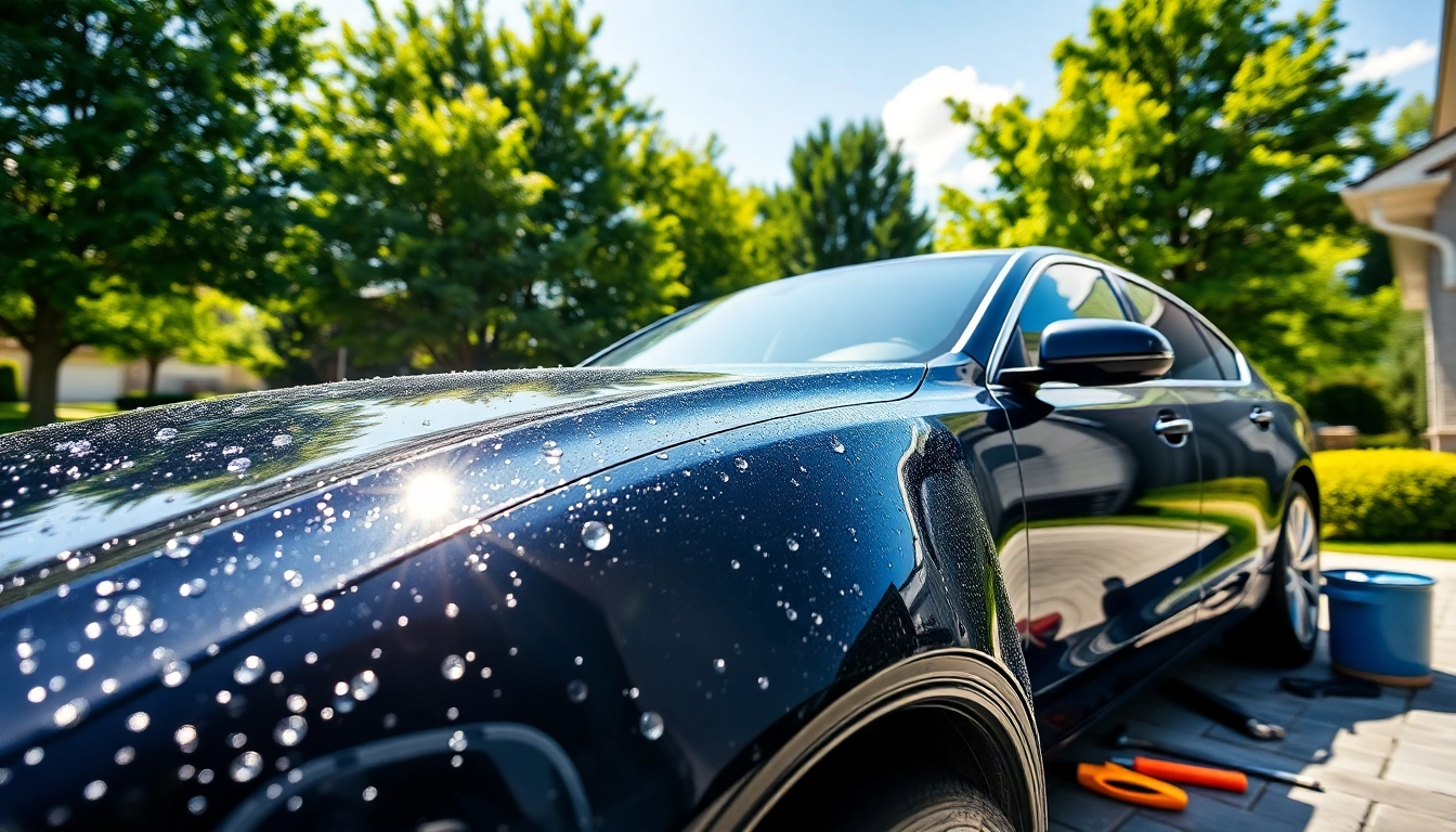 Mobile car detailing Palm Beach County shines as a professional service enhances a sedan's look in a picturesque driveway.