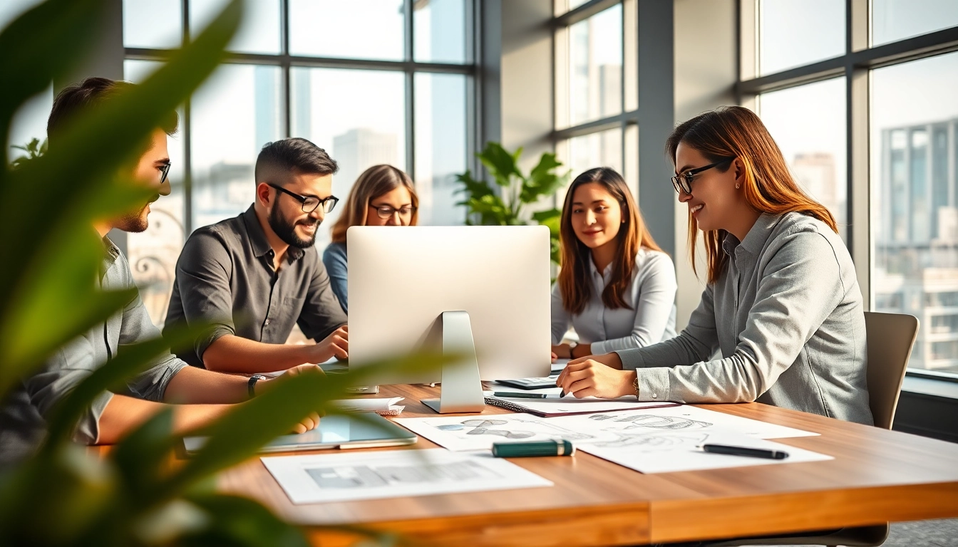Skilled web design company team collaborating in a vibrant office setting.