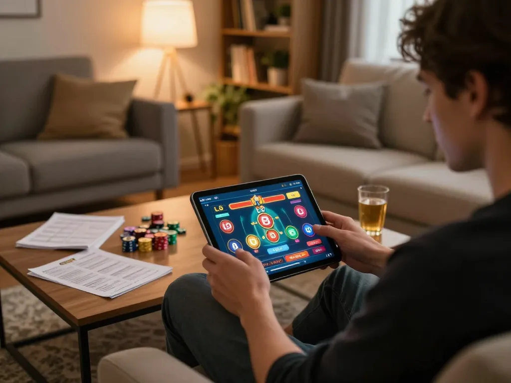 Lô đề online gameplay on a tablet in a cozy living room with strategy notes nearby.