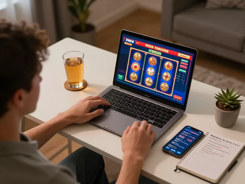 Engaging online gaming scene featuring slot server thailand on a laptop, promoting responsible play and strategy.