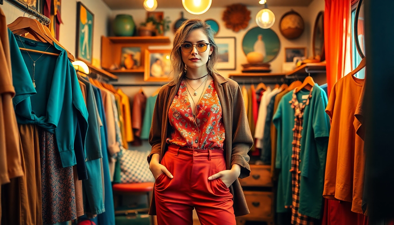 Showcase a stylish outfit from https://thrift-vintage.com/ in a cozy vintage setting.