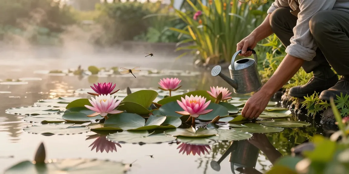 Vibrant water lilies blooming in a serene pond, with a gardener gently tending to them.