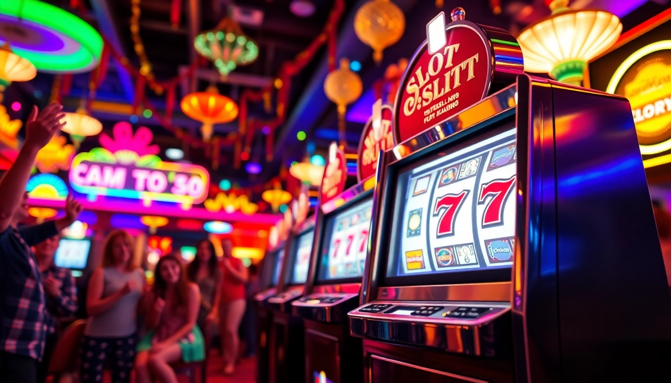 Pemain merayakan kemenangan dengan Slot77 di kasino yang cerah dan penuh warna.