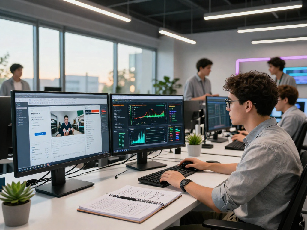AI image detector interface displayed on multiple screens in a modern tech lab, showcasing content moderation analytics.