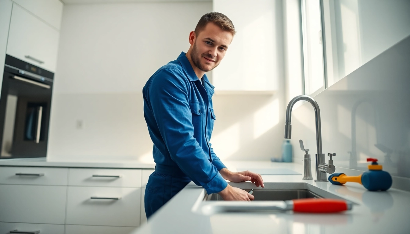 Hire a reliable plumber near me fixing a leak in a modern kitchen.