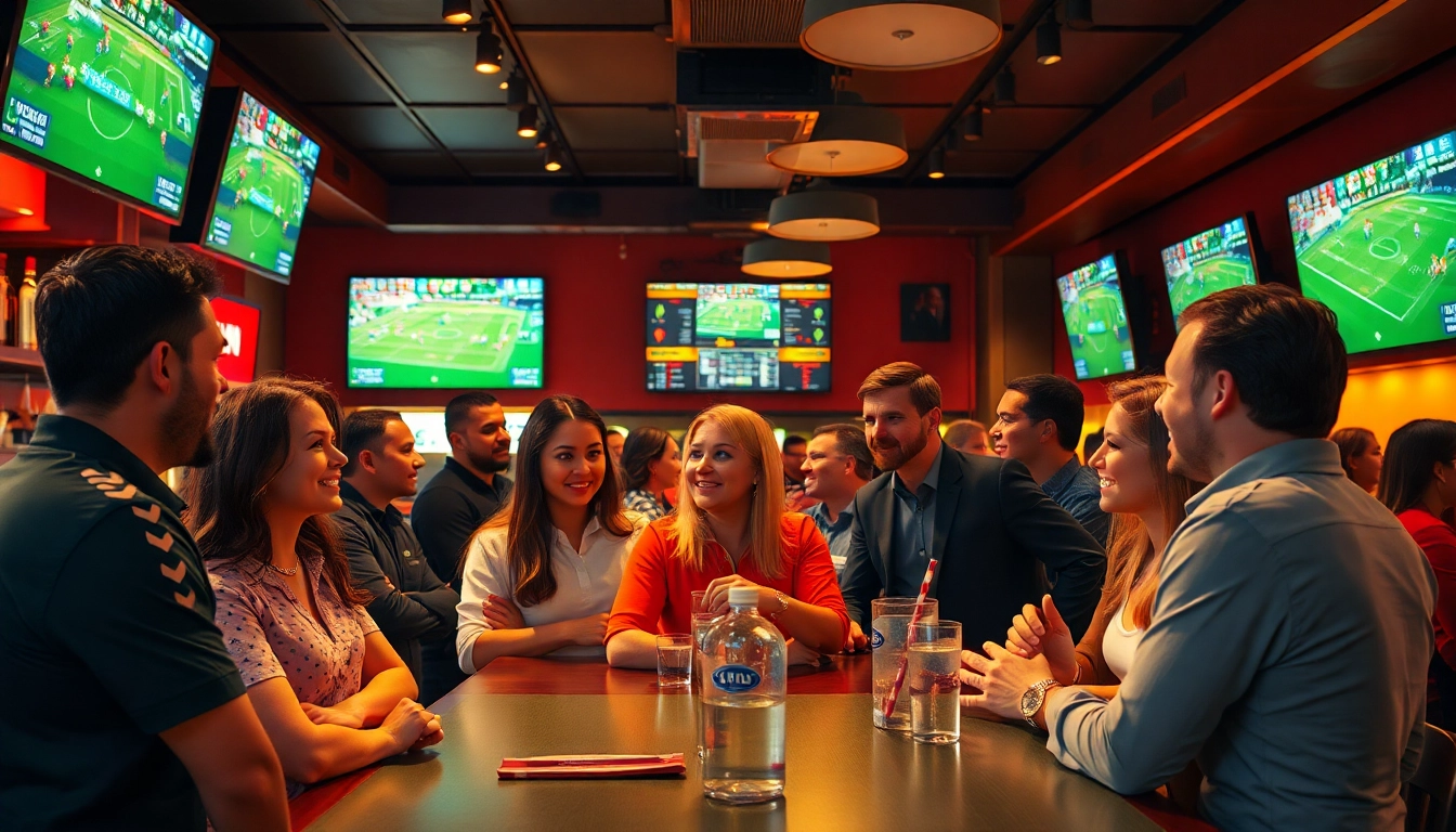 Engaging scene of sports betting in Canada in a lively sports bar with diverse bettors.