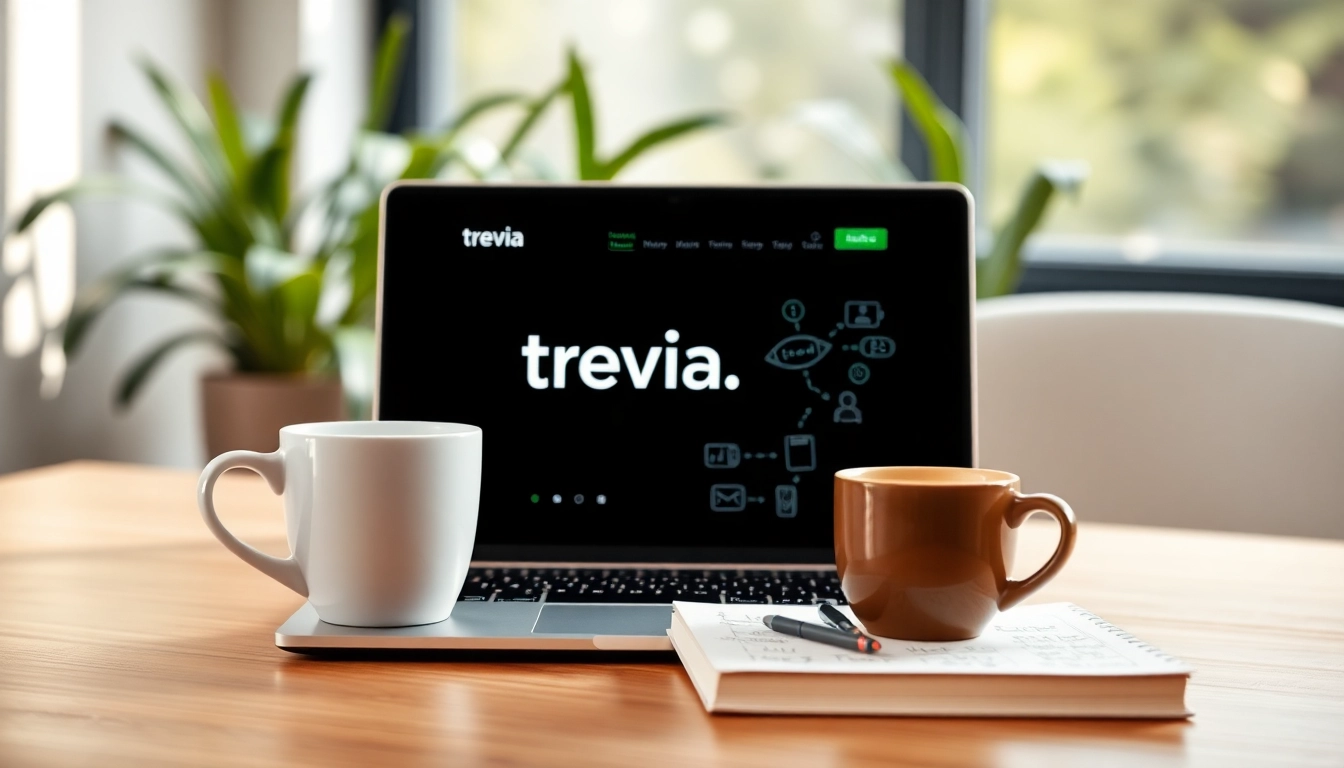Captivating workspace with trevia.com on a laptop screen and creative elements around.