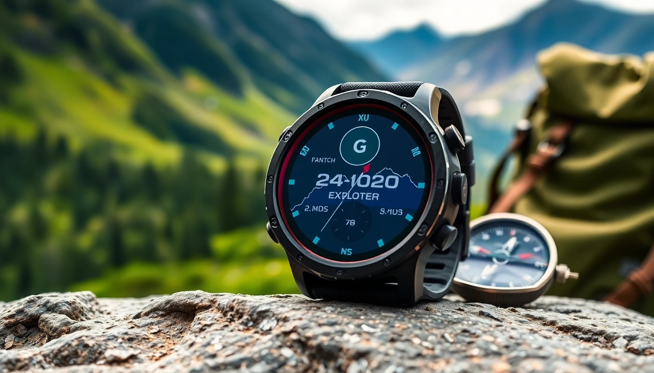 Showcase of an Explorer GPS Smart Watch highlighting its features in an outdoor setting.