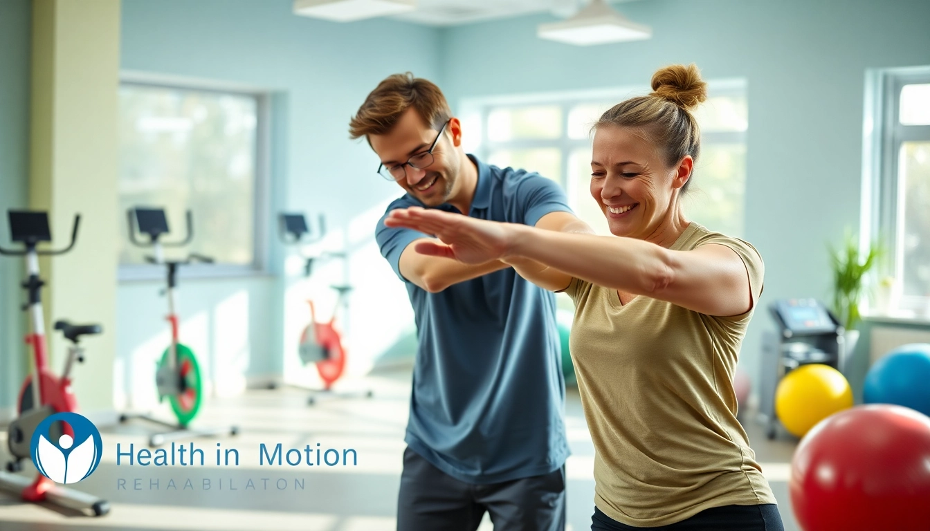 Health in Motion Rehabilitation showcases a physiotherapist helping a patient in a bright rehab clinic.