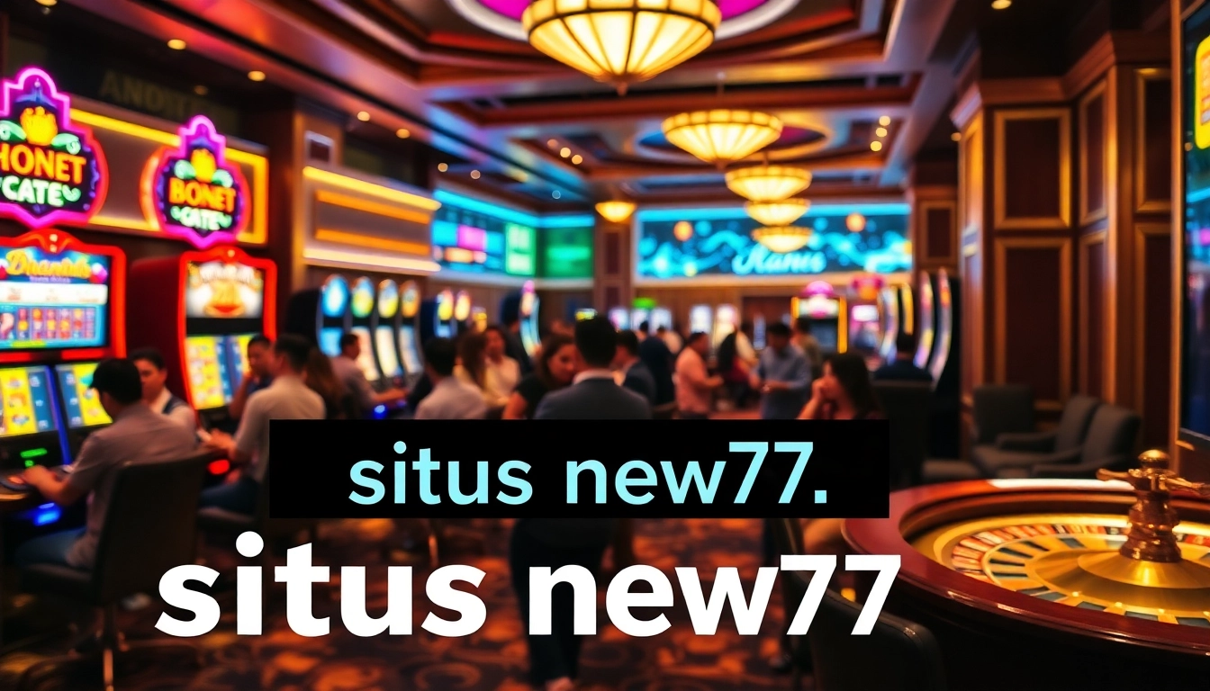 Players winning big at situs new77, showcasing a lively casino atmosphere with slot machines and poker chips.