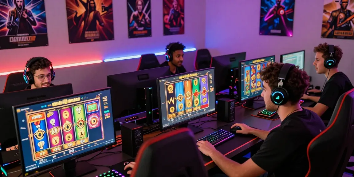 Enthusiastic players engaged in online slot games, showcasing vibrant graphics and immersive gaming environment.