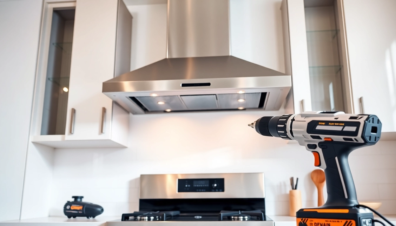Range Hood Installation showcasing a sleek stainless steel unit being installed in a modern kitchen.