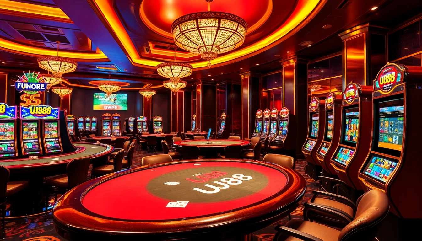 Experience the excitement with UU88 at a vibrant casino featuring poker tables and engaging slot machines.