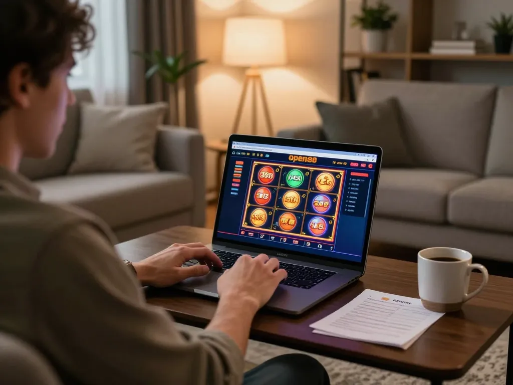 Engaging online gaming session at open88 with user focused on vibrant slot games in cozy living room.