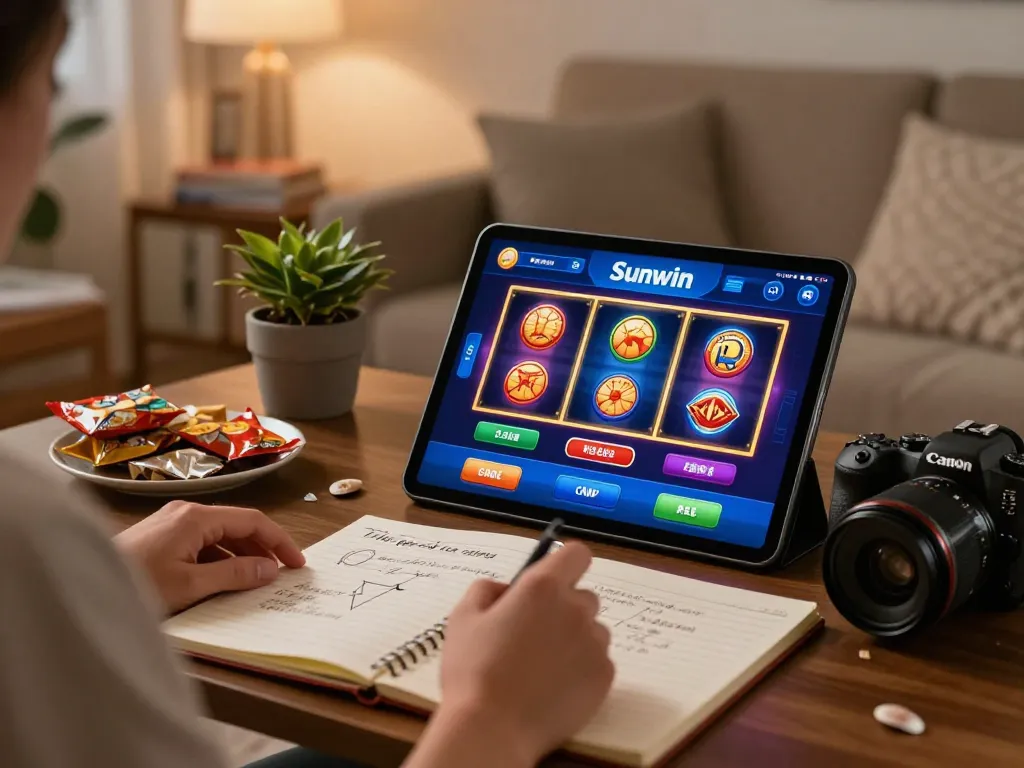 Engaging gameplay on the Sunwin casino app, with vibrant graphics and strategic notes evident.