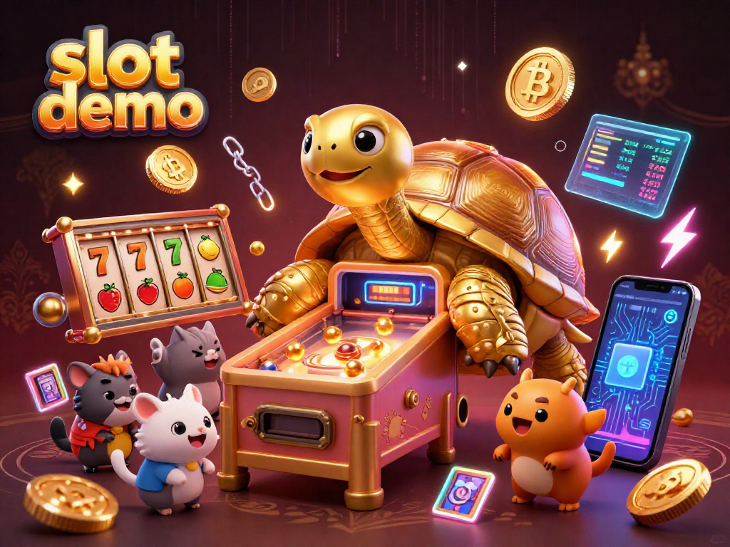 Slot demo menampilkan kura-kura emas raksasa dengan mesin pinball dan simbol permainan slot yang menarik.