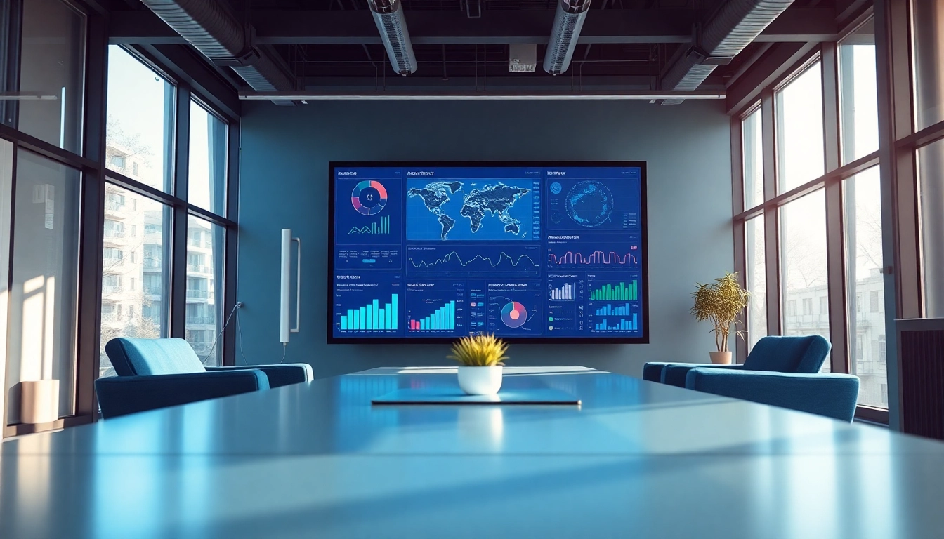 AI for competitive intelligence tools visualizing data insights in a modern office.