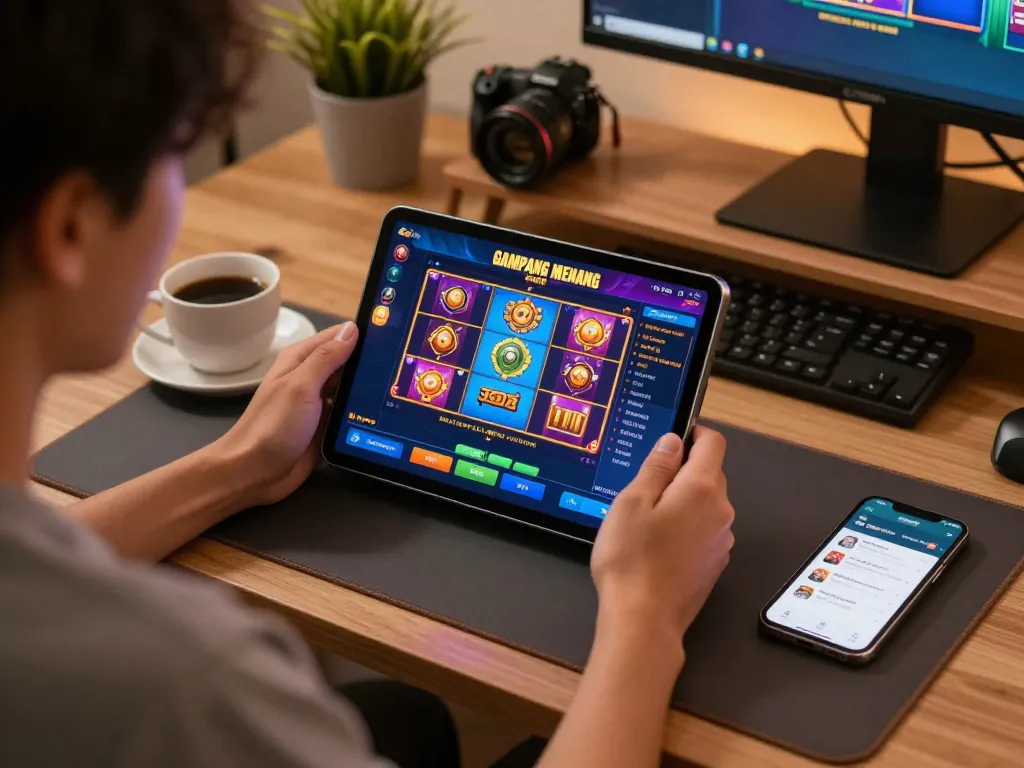 Player exploring slot gacor gampang menang games on tablet in a modern online gaming setup.