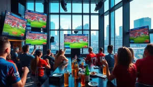 스포츠중계에 열중하는 팬들이 있는 현대적인 스포츠 바의 모습