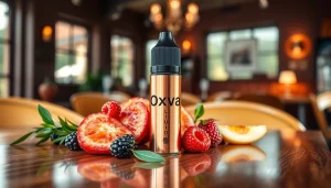 Oxva Liquid in a stylish bottle surrounded by fresh fruit slices, highlighting vibrant flavors.