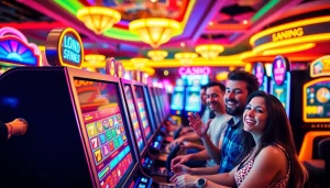 Slot menarik perhatian dengan pemain bersemangat di kasino yang hidup.