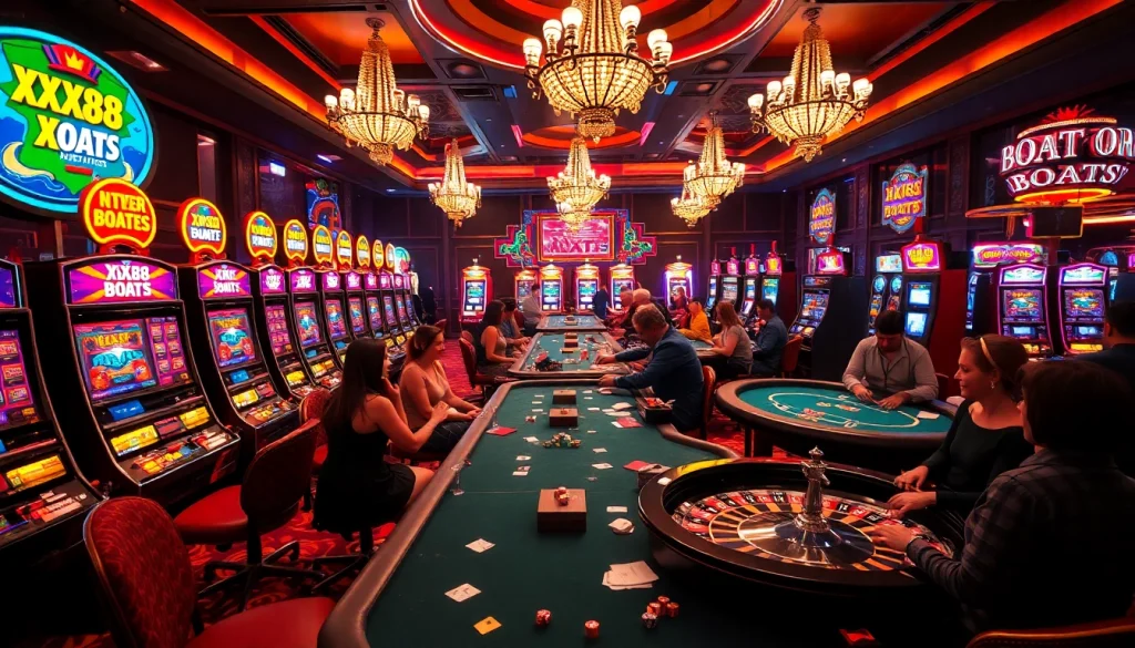 Experience the thrill with XX88 Boats-themed slot machines in a vibrant casino filled with players at poker tables.