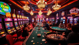Experience the thrill with XX88 Boats-themed slot machines in a vibrant casino filled with players at poker tables.
