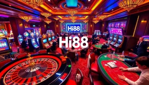 Experience the thrill of Hi88 casino atmosphere with players at poker tables, vibrant slot machines, and excitement in the air.