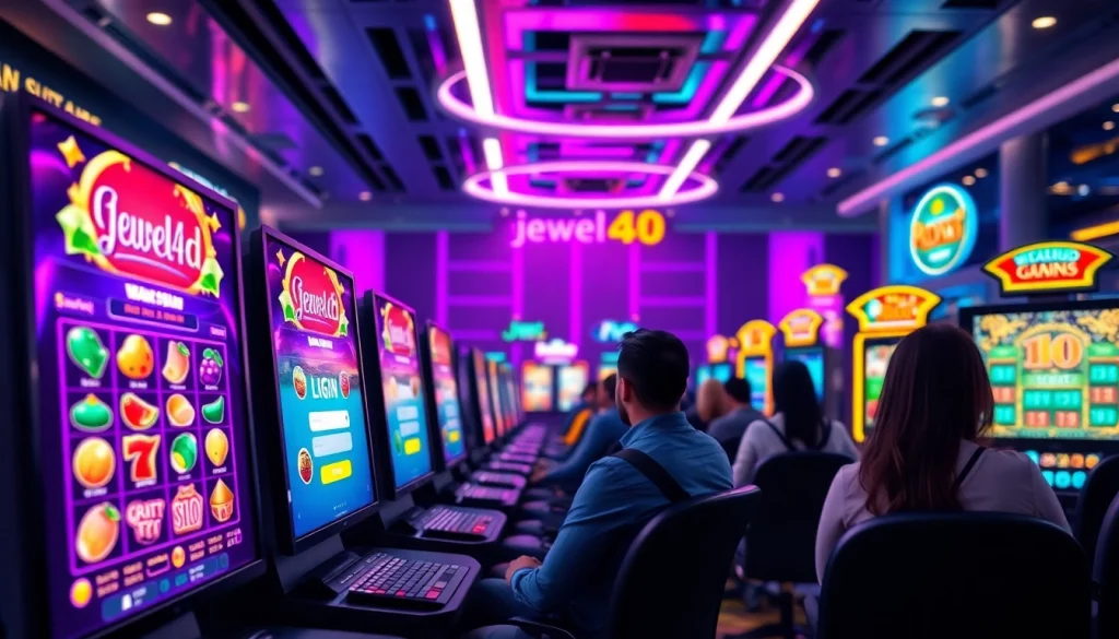 Masuk ke permainan dengan jewel4d login slot, menunjukkan antusiasme pemain dan suasana casino digital.