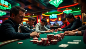 Menampilkan pemain yang terlibat dalam Domino88 poker game dengan kartu dan chip di meja permainan.