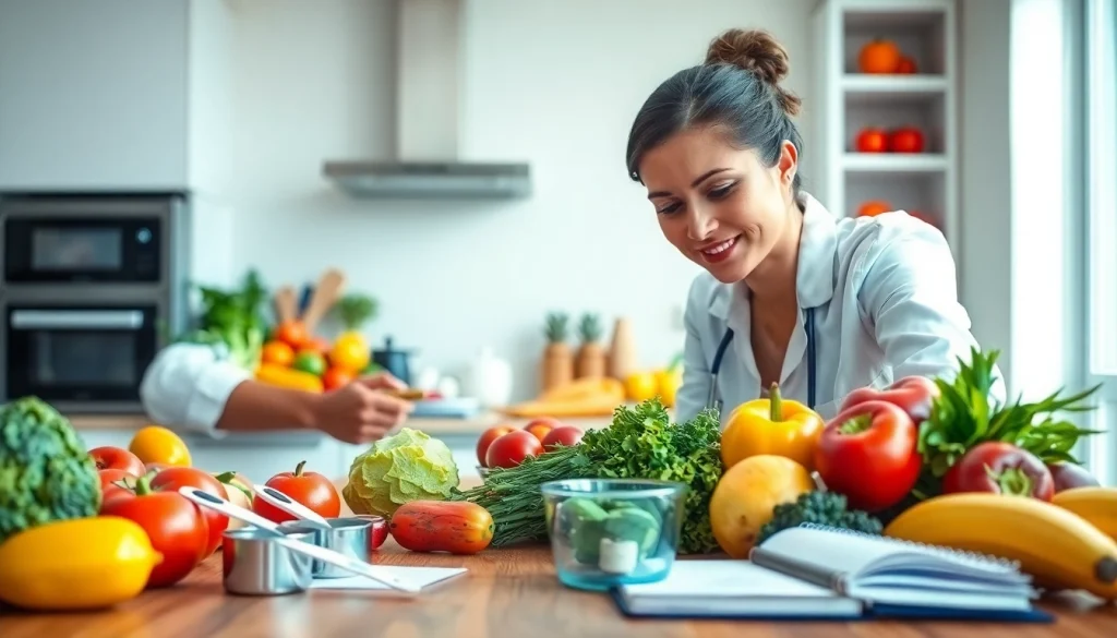 Showcase the best metabolism booster with a nutritionist analyzing fresh healthy foods.