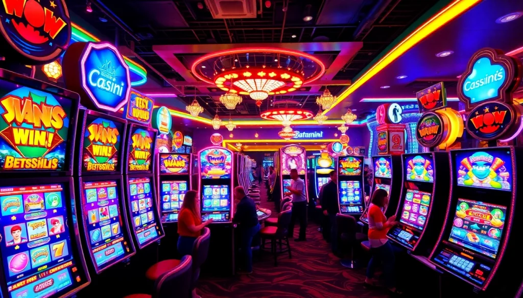 Menggambarkan suasana mesin slot batman138 slot yang cerah dan meriah di kasino.