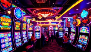 Menggambarkan suasana mesin slot batman138 slot yang cerah dan meriah di kasino.