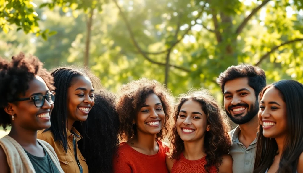Ritratto Fotografico di un gruppo felice in un parco, evidenziando sorrisi e interazioni.